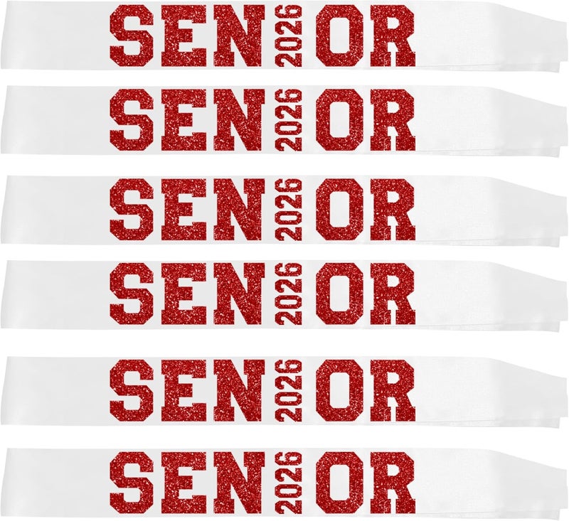 Partyprops 6Pcs White Senior 2026 Satin Sashes with Red Glitter Letters Senior 2026 Decorations - 2026 Graduation Celebrations Sashes - Senior Cheer Sash - Cheerleader Sash - Class Competition Sashes - Image 4